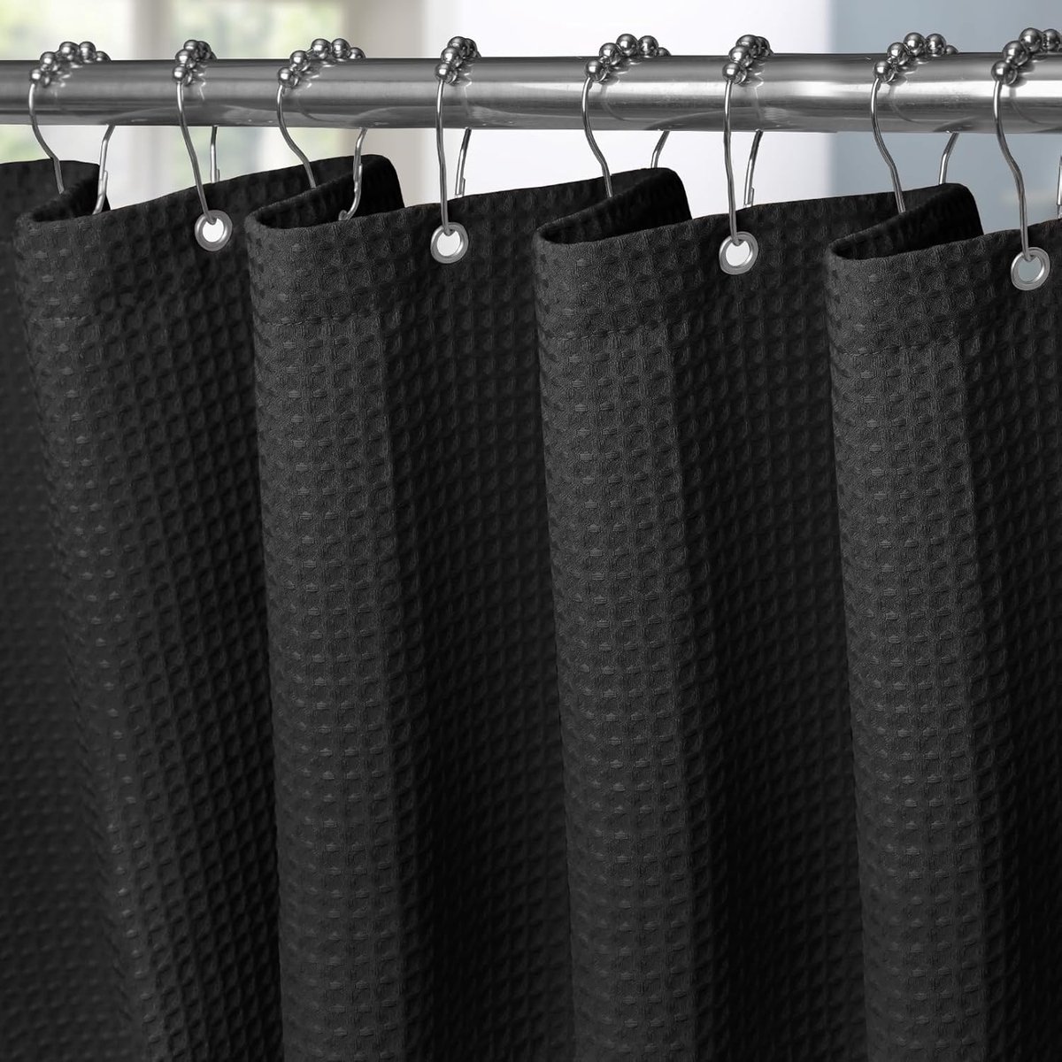 Wafelzijden douchegordijn - 182 x 214 cm | Zwart | Met metalen ringen | Textiel douchegordijn | Schimmelbestendig | Waterdicht | Zwaar werkend | Douchegordijn Set | Elegant en duurzaam | Gemakkelijk te monteren
