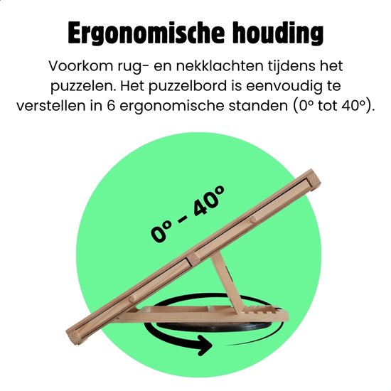 Houten puzzelbord verstelbaar in 6 ergonomische standen van 0° tot 40° voor een comfortabele houding.