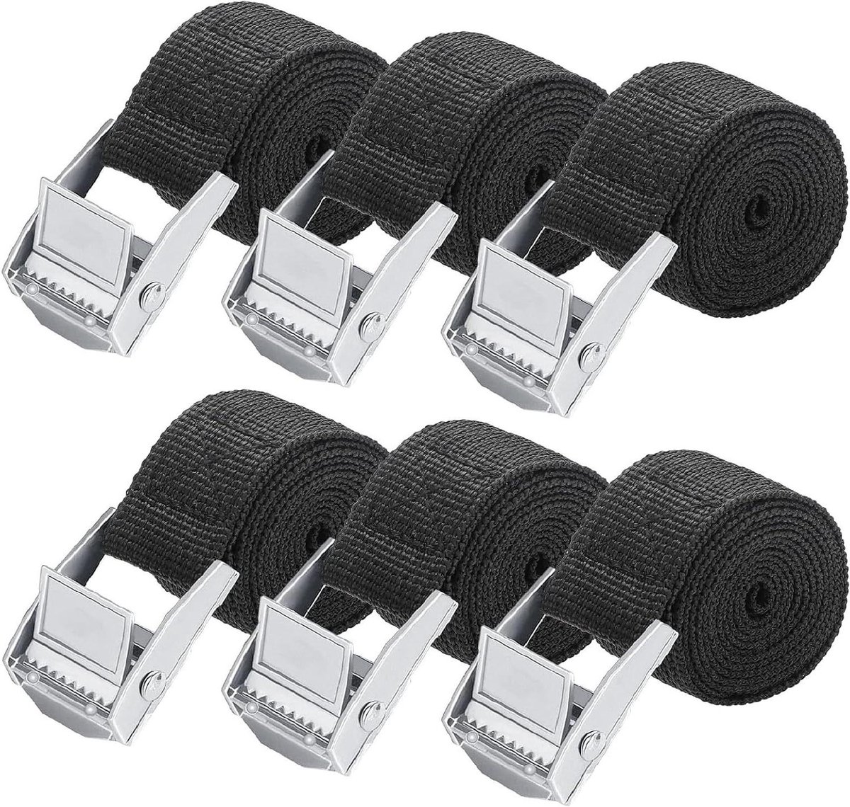Allecto Plus - 6-delige set spanbanden 25 mm x 5 m zwart | Nylon ratelriem met klemslot voor transport van motorfietsen, auto's en fietsen
