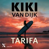 Boekcover 'Tarifa' van Kiki van Dijk. Silhouet van een vrouw met surfboard bij zonsondergang op het strand.