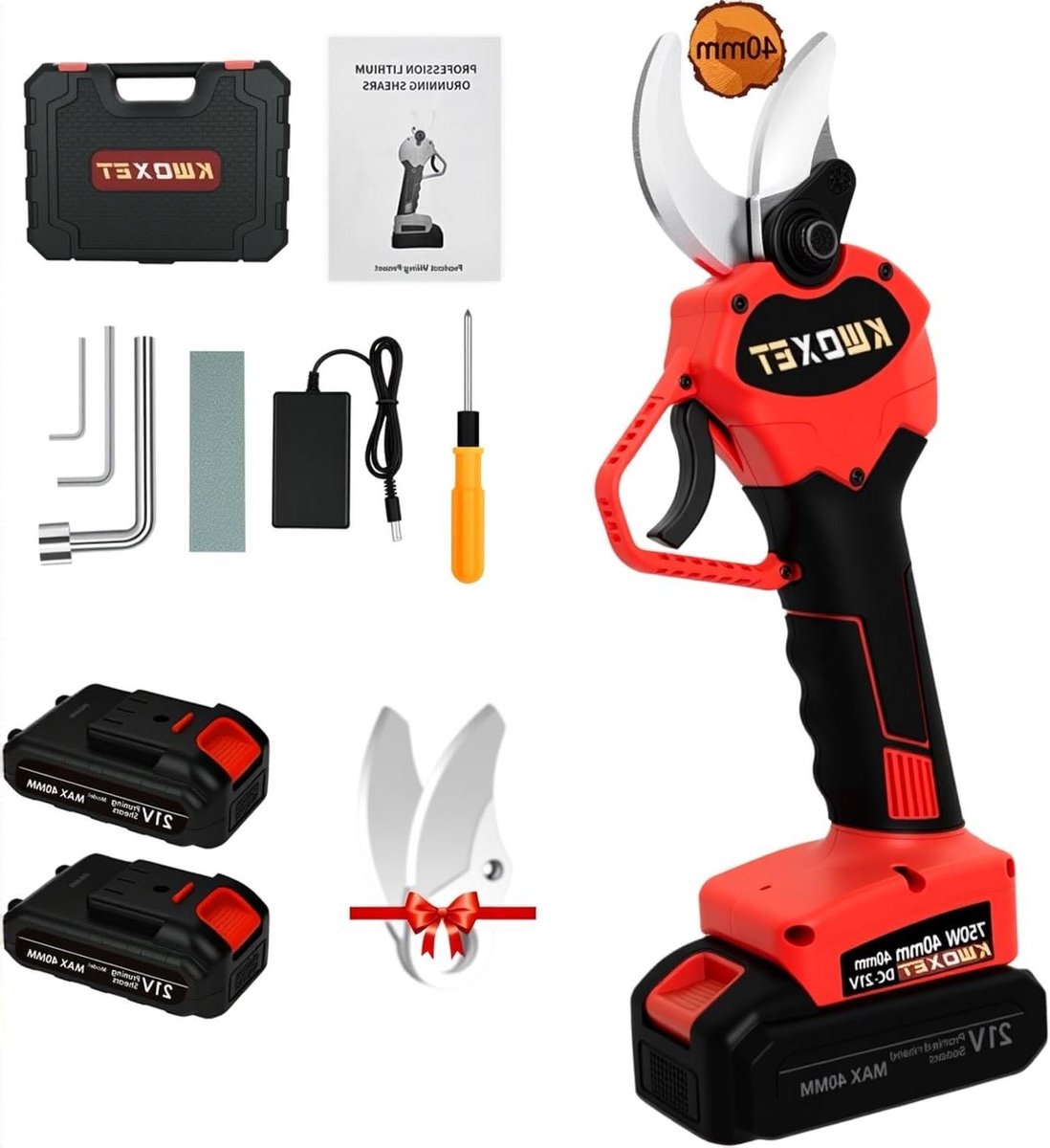 Secateurs Electric with Maximum Cutting Diameter 40 mm 2 Pieces 21 V Rechargeable 3000 mAh Suitable for Grass, Rose, and Trimming Shears