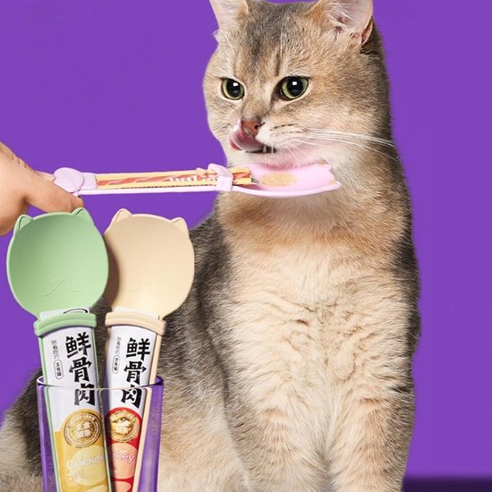 Cat Treat Lepel - 4 x natte voerlepel voor katten | Leuke kattenvoerdispenser met kam | Kattenvoerlepel, knijpbare natte traktatie kattenvoer, kattenstrip, knijplepel voor vloeibare snack