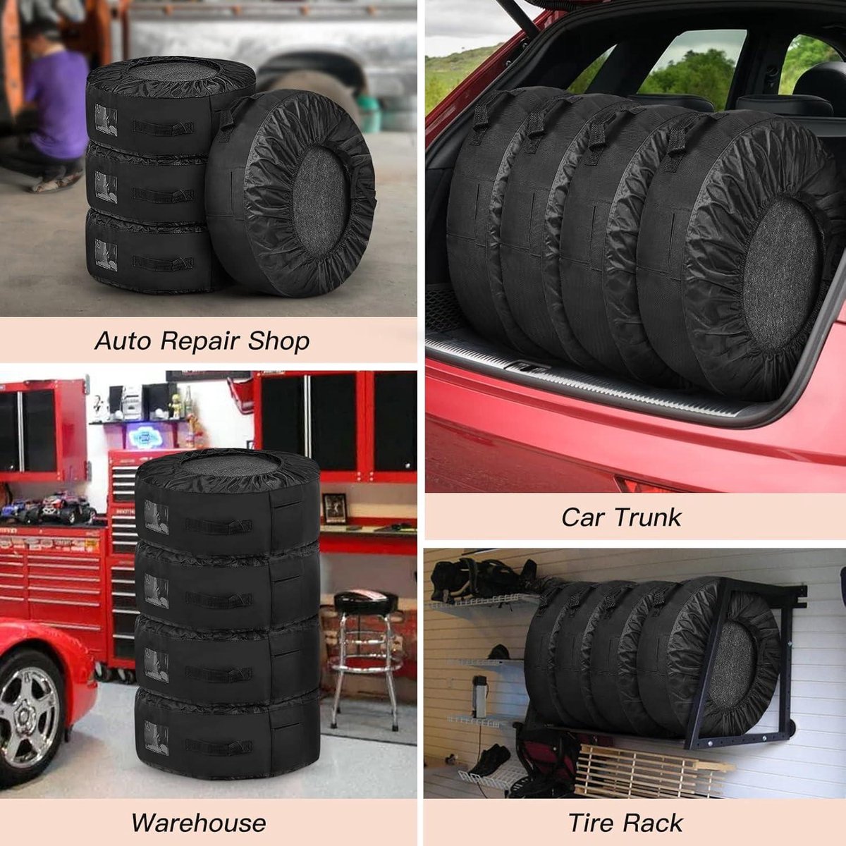 Allecto Plus - Bandtassenset voor 4 banden tot 20 inch, waterafstotend en afwasbaar in het zwart - Inclusief viltpads voor schoon transport - Duurzame bandenbeschermhoes - Opberghoes voor autobanden
