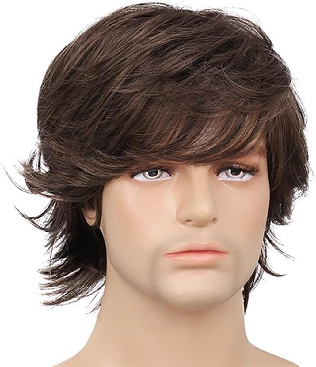 Allecto Plus - Synthetische Pruik Heren Kort Haar Lange Pony Bruin Cosplay Herenpruik