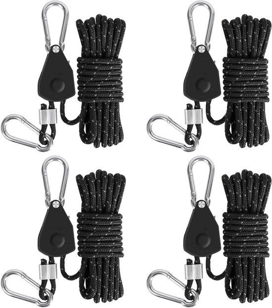 Lot De 4 Cordes à Cliquet Avec Crochet - 4 M, Réfléchissantes, Pour Tente, Auvent, Camping - 5