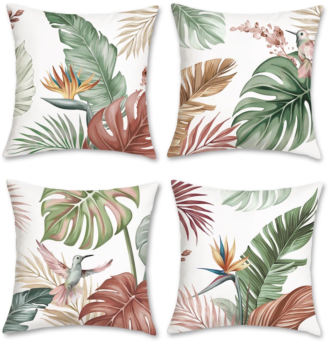 Ibenzoa Set van 4 Decoratieve Kussenslopen met Tropische Bladeren en Vogels, Zacht Fluweel, 45 x 45 cm kleurijk