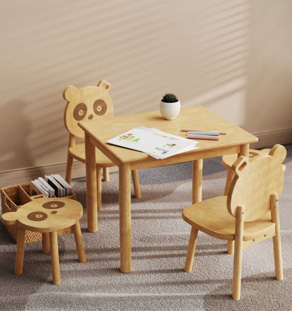 Kindertafelset Panda: Tafeltje, Twee Stoeltjes, Twee Krukjes - Bamboehout