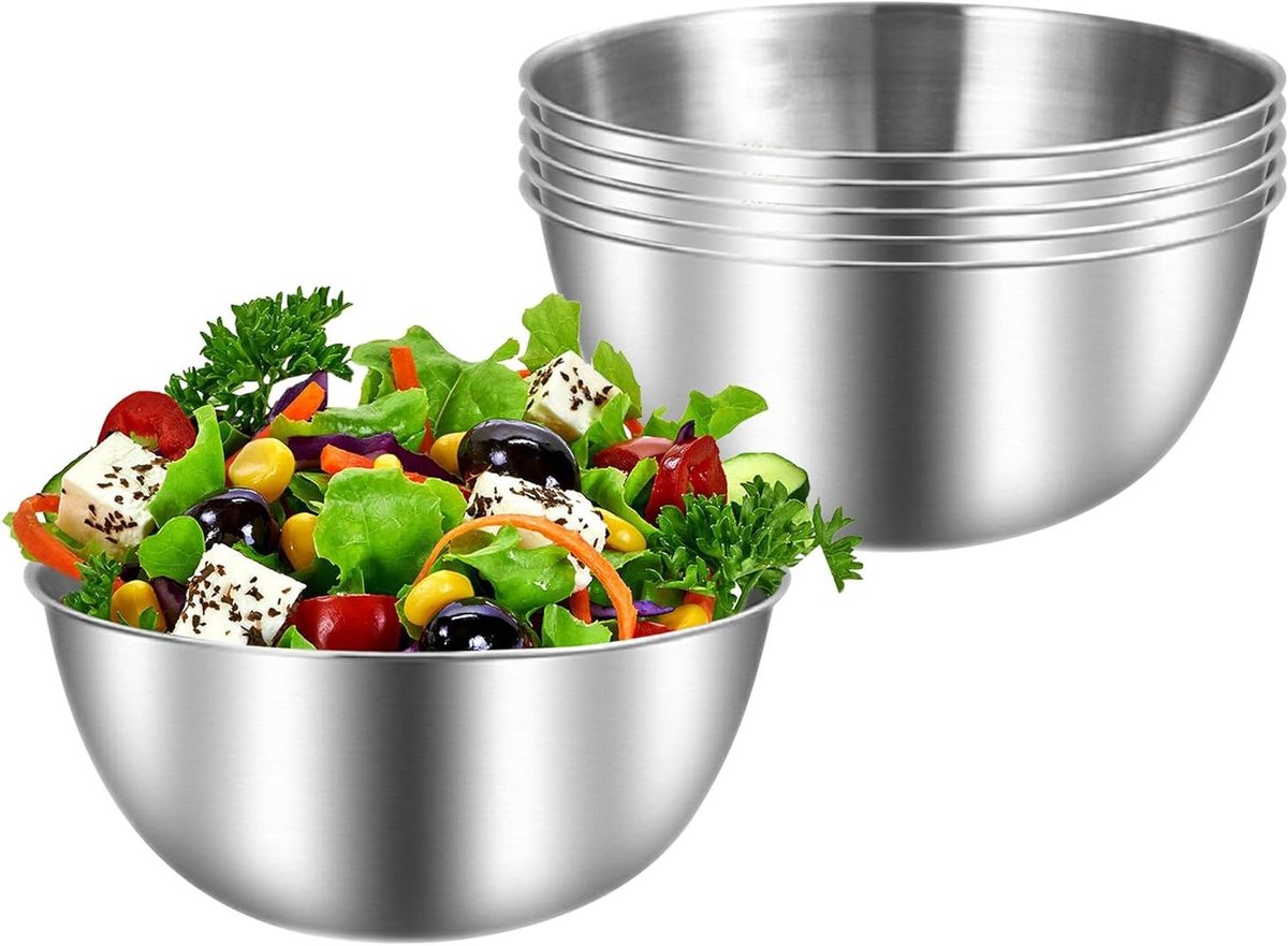 Roestvrijstalen kommenset - 6 stuks - slakom Ø 17 cm - mengkomset met schaalverdeling - stapelbaar - vaatwasmachinebestendig - deegkom - metalen kom - ideaal voor koken en bakken