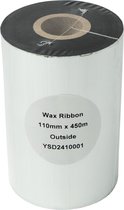 Witte rol wax lint, 110mm x 450m. Label met "Wax Ribbon 110mm x 450m Outside YSD2410001".