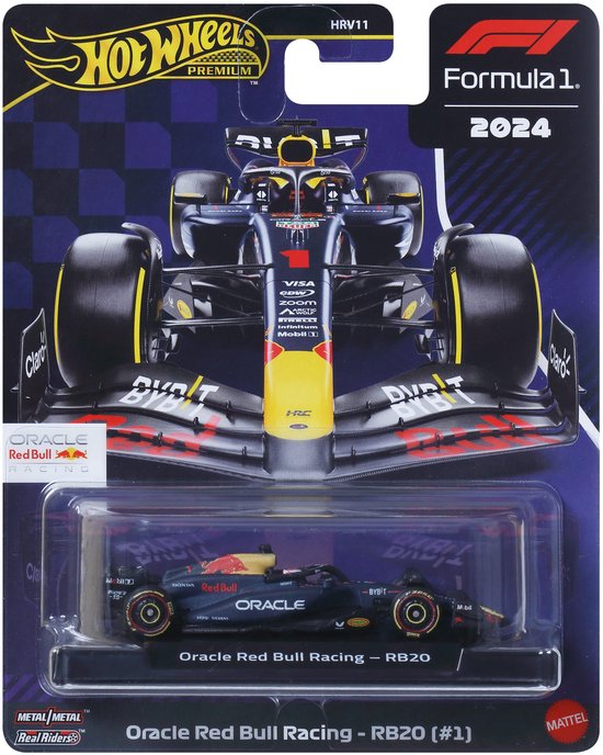 Voiture de course F1 Hot Wheels Oracle Red Bull Racing RB20 en emballage. Voiture bleu foncé avec accents rouges et jaunes.