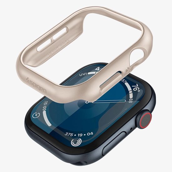 Beige Spigen bumpercase los van een donkergrijze Apple Watch met blauwe wijzerplaat.
