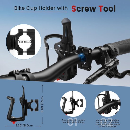 Fietswaterfleshouder, universele motorfietsdrankhouder, past op stuur en frame met schroefgereedschap, fietsfleshouderaccessoires Geschikt voor kinderen en volwassenen (compatibel met bekers met een diameter van 2,16-2,95 inch) — afbeelding 3