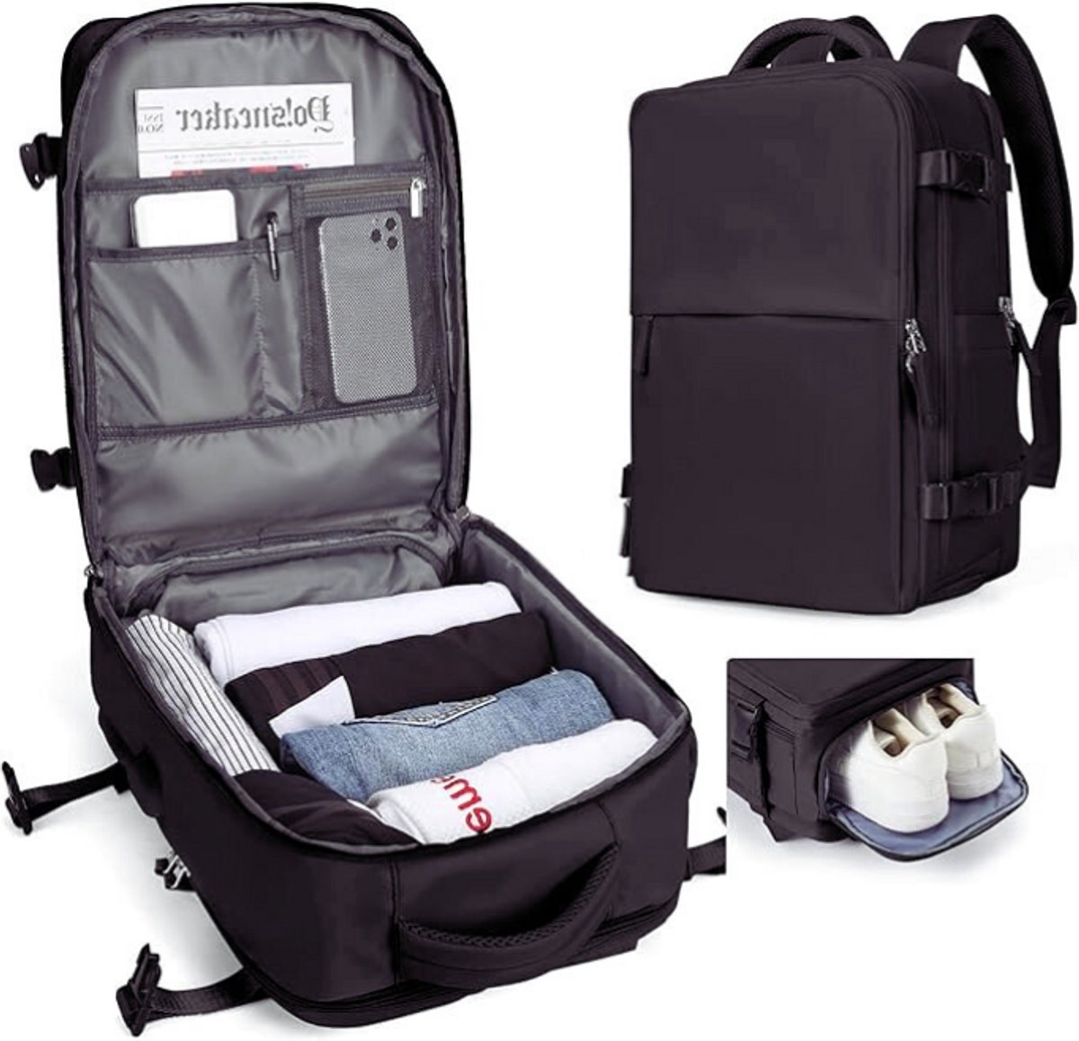 Thuys – Handbagage Rugzak – Voor Vliegtuig – Met Schoenencompartiment – Reisrugzak – 40 x 20 x 25 & 45 x 36 x 20 – Zwart