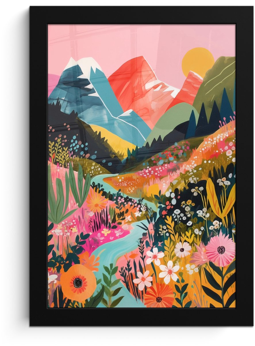 FrameYourWall Poster in lijst - Fotolijst 20x30 cm - Posters - Rivier - Diepte - Bloemen - Posterlijst zwart - Decoratie - Wanddecoratie woonkamer - Muurdecoratie slaapkamer Rivier - Bergen - Kleurrijk