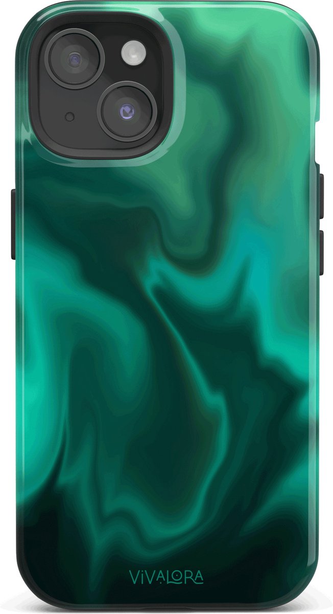 VivaLora Tough Telefoonhoesje iPhone 15 met MagSafe - Northern Lights Print - 2-in-1 Phone Case - Hard Case & Siliconen Backcover - Extra Bescherming - Shockproof Cover - Groen/Blauw