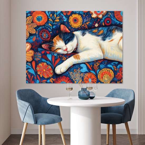 Poster 120x90 cm - Kat - Bloemenpatroon - Blauw - Oranje - Posters - Kamer decoratie - Wanddecoratie woonkamer - Muurdecoratie slaapkamer