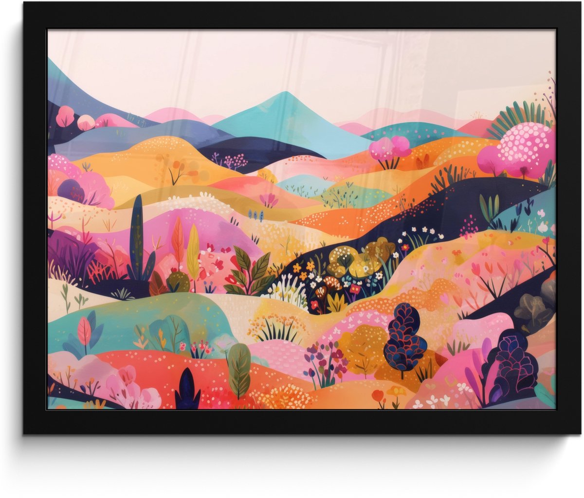 FrameYourWall Poster in lijst - Fotolijst 40x30 cm - Posters - Golvende heuvels - Abstracte planten - Dromerig - Posterlijst zwart - Decoratie - Wanddecoratie woonkamer - Muurdecoratie slaapkamer Heuvels - Kleurrijk