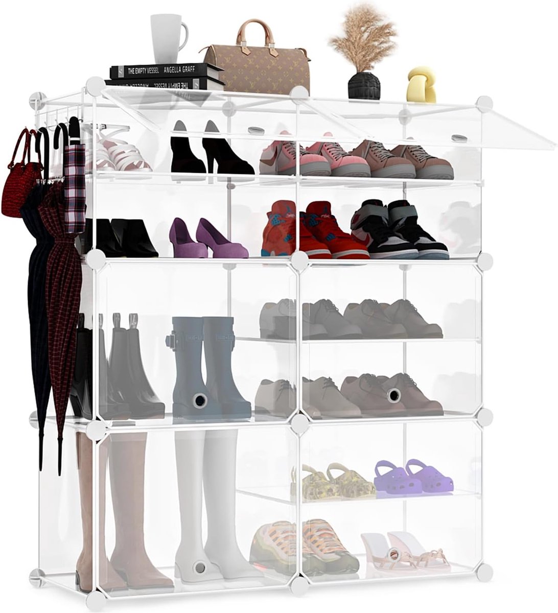Schoenenrek, 6-laags kunststof schoenenrek met deur, voor 24 paar schoenen en laarzen, stapelbare schoenenkast voor hal, slaapkamer, kledingkast, entree