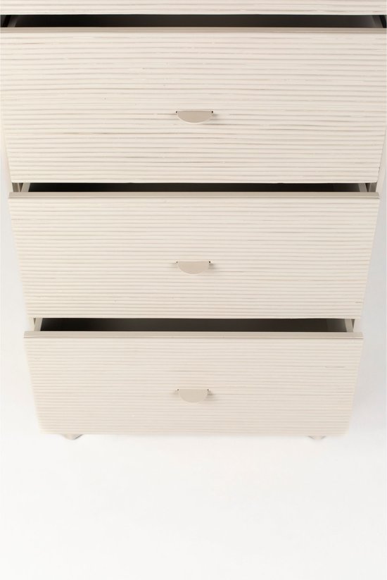 Bovenaanzicht van een beige ladekast met 3 open lades die de binnenkant tonen.