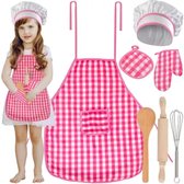 Kruzzel Kinderkookset - 7 Delige Chef Outfit - Roze-Wit Geruit - Stimuleer Culinaire Vaardigheden