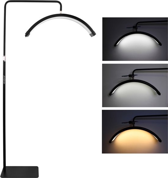 LED Licht - Halve Maan Make-Up Lamp - Verstelbaar Bi-Color Vloerlamp - Perfecte Verlichting voor Make-Up en Live Streaming - Met Telefoonhouder - Zwart