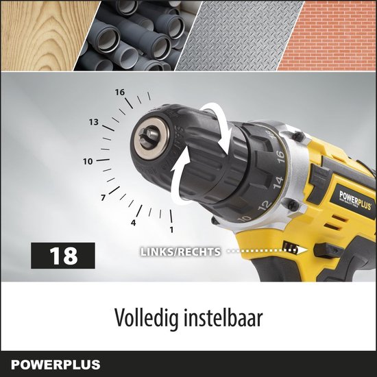 Powerplus POWX00501 Perceuse sans fil - Perceuse à vis - Batterie de perceuse - Visseuse sans fil - 20V - Incl. 3 batteries Li-ion 20 V, chargeur et mallette à outils 12 pièces avec embouts de tournevis - Pour le bois, la pierre et le métal