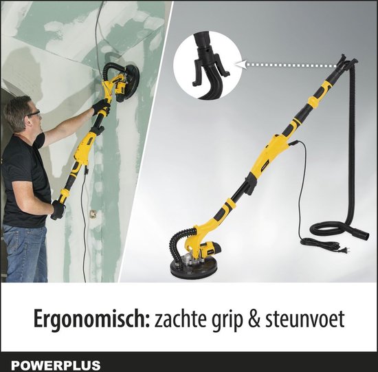 Collage van een man die een muur schuurt en een gele en zwarte telescoopschuurmachine met slang. Tekst: Ergonomisch: zachte grip & steunvoet.