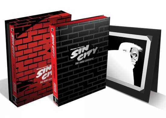 Twee Sin City boeken, één met rode bakstenen print, de ander met zwarte bakstenen. Een ingelijste zwart-wit illustratie met gezicht.