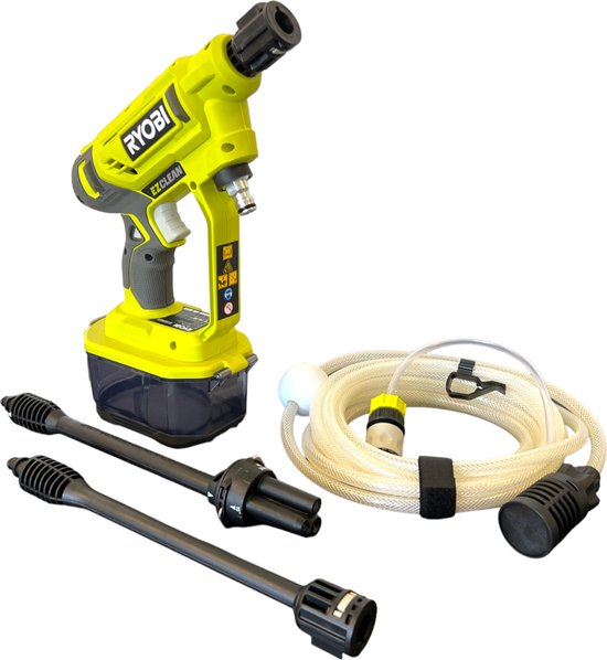 Ryobi ONE+ 18V Accu Hogedrukreiniger zonder accu, draagbaar, 3-in-1 mondstuk, 6m slang, flexibel watergebruik
