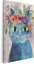 Artaza Canvas Schilderij Blauwe Kat met Bloemen op zijn Kop - 60x90 - Muurdecoratie - Foto Op Canvas - Canvas Print