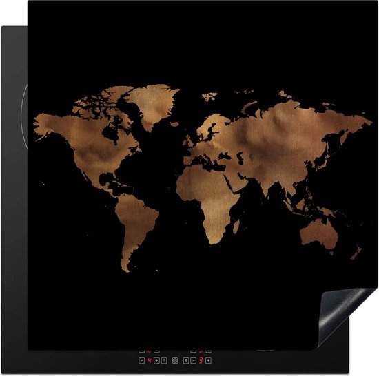 Zwarte inductiebeschermer met bronzen wereldkaart, geplaatst op een inductiekookplaat.