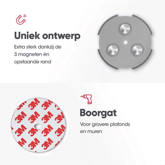 Uniek ontwerp van magnetische montageset met 3 magneten en opstaande rand. Boorgat diameter 60mm.