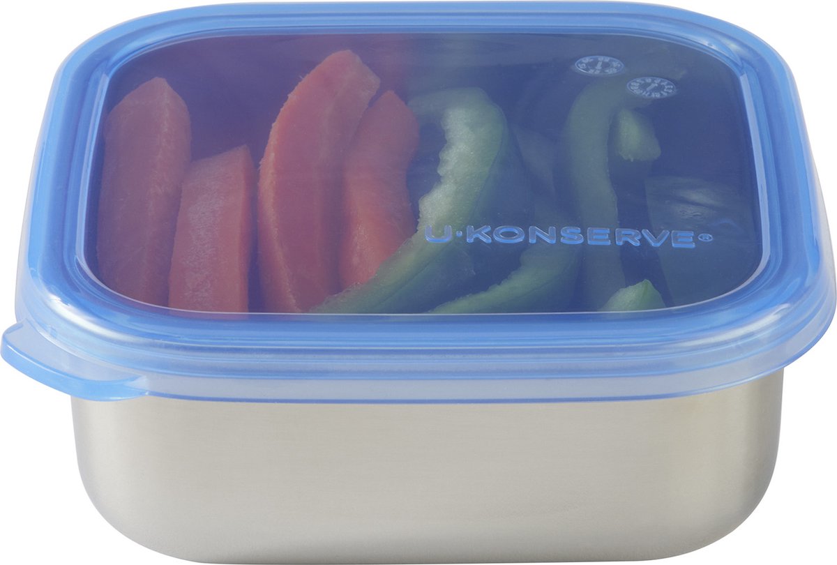 U-Konserve Square Small - Lekvrije RVS Snackbox en Vershoudbak met Siliconen Deksel - 450 ml - Vierkante Bewaarbak voor Snacks, Fruit en Restjes - Vaatwasser- en Vriezerbestendig - Cosmic Blue - Blauw Deksel