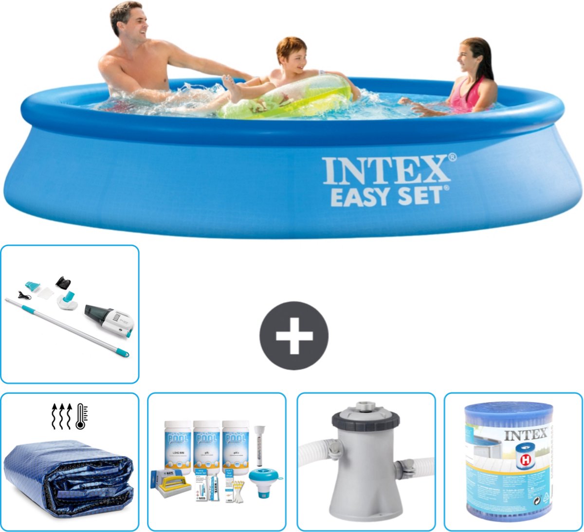 Intex Rond Opblaasbaar Easy Set Zwembad - 305 x 61 cm - Blauw - Inclusief Solarzeil - Onderhoudspakket - Zwembadfilterpomp - Filter - Stofzuiger - 6-delig