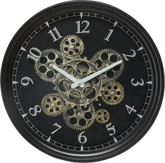 WANDKLOK METAAL MET DRAAIENDE TANDWIELEN ZWART DIAMETER 37 CM