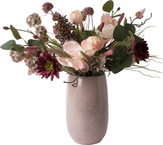 WinQ- Gebonden Boeket kunstbloemen - Inclusief Glasvaas Keramiek - Diverse bloemen compleet gebonden met blad - prachtige Mauve en Roze keuren - Kunstbloemen - zijden bloemen