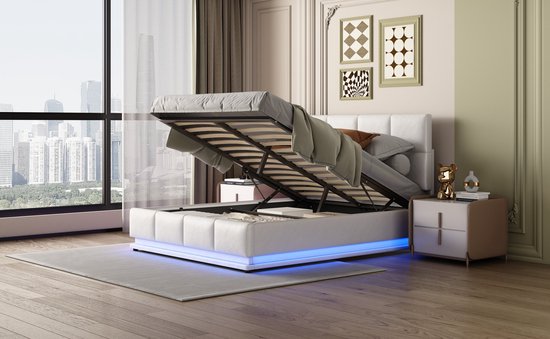 Merax Kunstleer Gestoffeerd Tweepersoonsbed 140x200cm - Bed met LED Verlichting en Hydraulische Opbergruimte - Wit