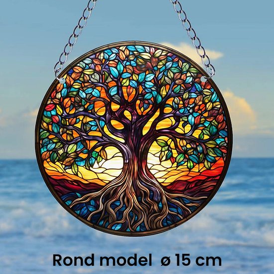 Allernieuwste.nl® Raamhanger Raamdecoratie Oude Levensboom - Kleurige Hangende Zonnevanger Rond Acryl met Ketting - Suncatcher Rond model 15 cm %%