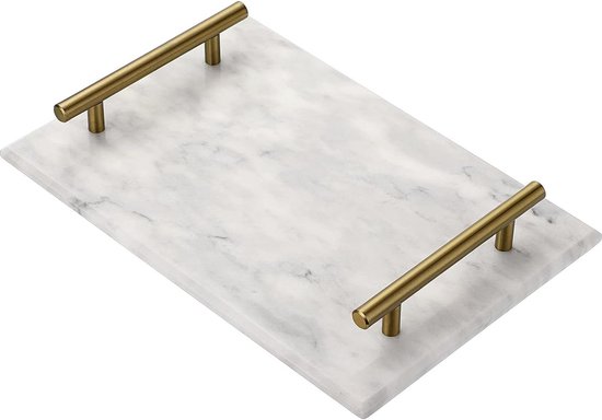 Natuurmarmer stenen opbergdienblad met metalen handgrepen - Rechthoekige marmeren plaat voor keuken badkamer - Grijs - Decoratieve organizer marble tray