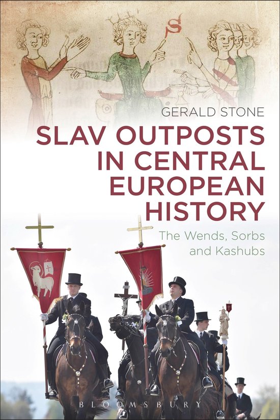 Couverture de livre avec des chevaux, des cavaliers en costume et des illustrations historiques. Titre : 'Slav Outposts In Central European History'.