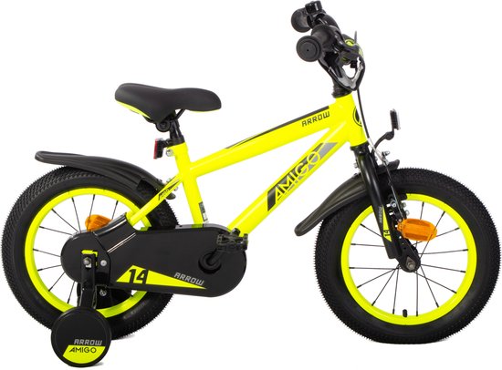 AMIGO Arrow Jongensfiets 14 Inch - Kinderfiets voor 3 tot 5 Jaar - 95-110 cm - Met Zijwieltjes - Geel/Zwart