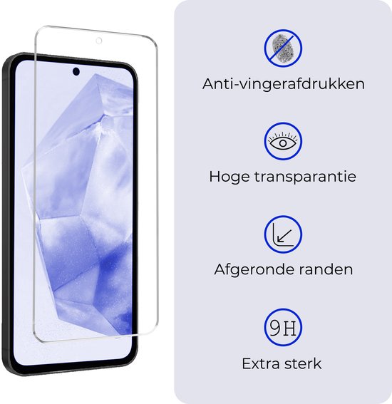 Screenprotector van gehard glas voor Samsung Galaxy A35, anti-vingerafdruk, hoge transparantie, afgeronde randen, extra sterk.