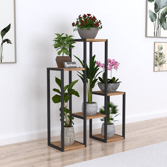 Pochon - Plantentafel Kim - Pijnboom - 20x56x79 - Metaal - Plantenrek - Ladderkast - Plantenstandaard - Plantentafeltje voor Binnen