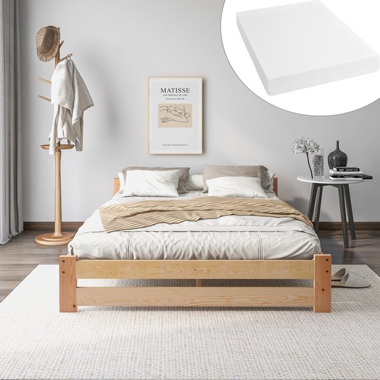 Sweiko Met Matrassen Massief houten bed futon bed Massief houten natuurbed met hoofdeinde en lattenbod, Natuurlijk (200x140cm)