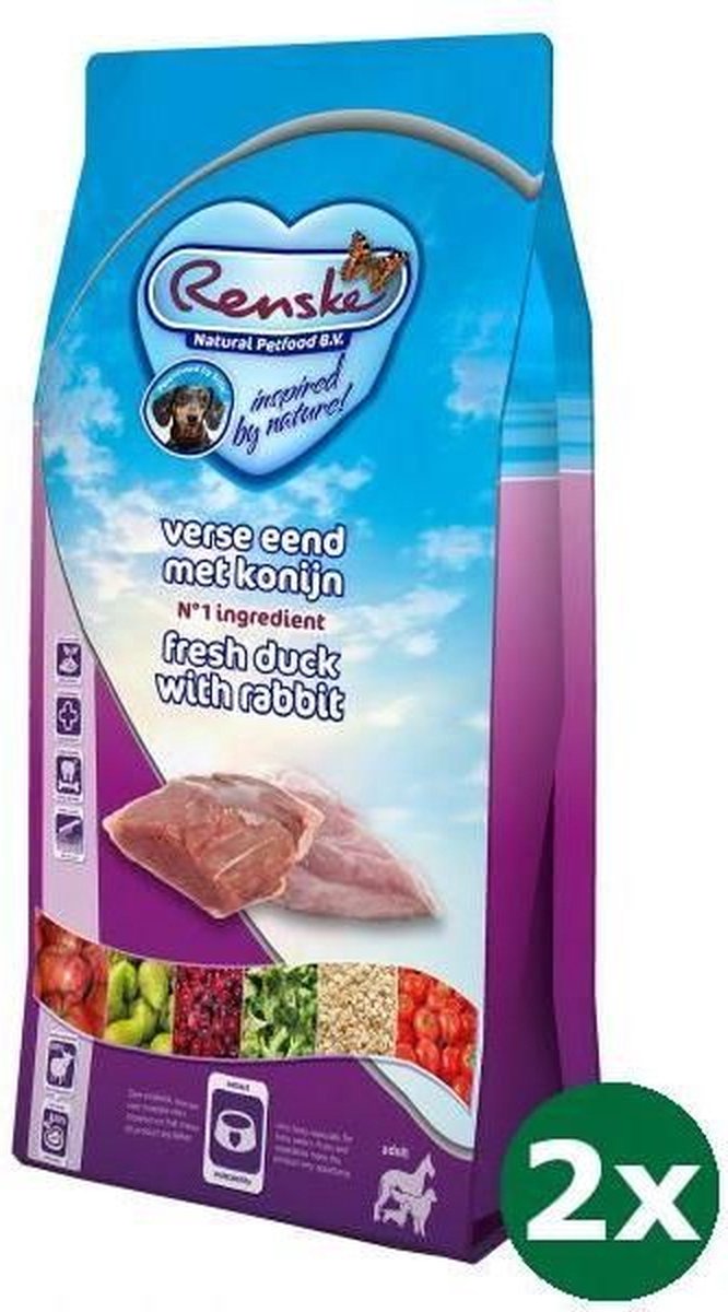 2x2 kg Renske super premium adult eend / konijn hondenvoer