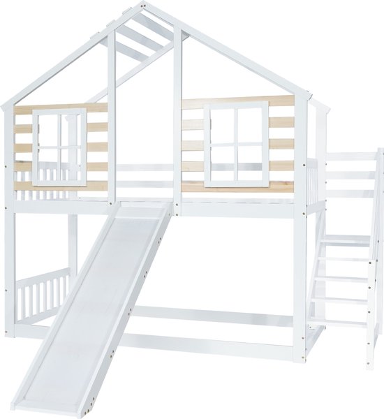 Kinderhutbed, 90 x 200 cm, met trap, kinderbed met raam en opbergruimte onder het modulaire bed, stapelbed voor kinderen, eenpersoonsbed met valbarrière en leuning, structuur van grenen en MDF, wit