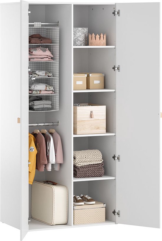 Petite Amélie ® Kledingkast Kinderkamer met 4 Planken & 2 Hangrail - Gebroken Wit - Kleerkast Slaapkamer (van Baby tot Tiener) - Veilig door Soft Close Deuren - H.206 x B.94 cm x D.61 cm