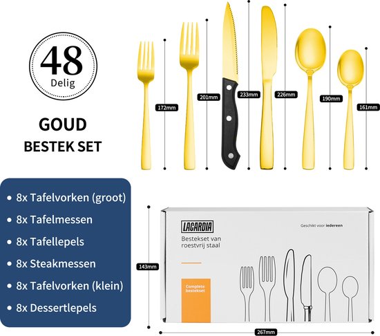 LaCardia Ménagère de Couverts 8 Personnes 48 Pièces - Cuillères - Couteaux - Fourchettes - Couteaux à steak - Passe au Lave-Vaisselle - Couverts - Or/ Acier Inoxydable