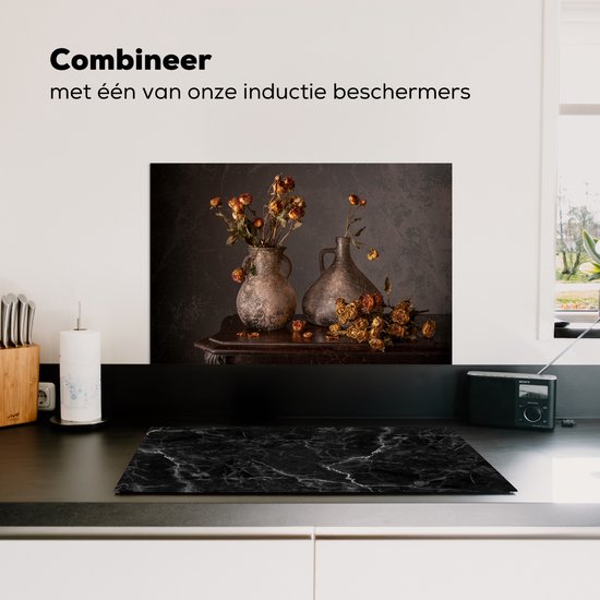 Spatscherm keuken 60x40 cm - Kookplaat achterwand Stilleven - Bloemen - Vaas - Donker - Muurbeschermer - Spatwand fornuis - Hoogwaardig aluminium