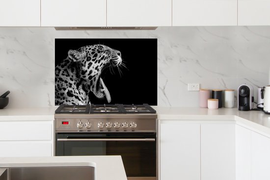 Spatscherm keuken 100x65 cm - Kookplaat achterwand Jaguar - Dier - Zwart - Wit - Muurbeschermer - Spatwand fornuis - Hoogwaardig aluminium